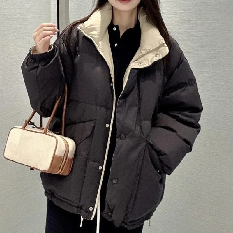 高品質の女性用ツートンカラーのリバーシブルコットンコート、ジッパー、シングルボタン、スタンドカラー、ホワイトグースダウンジャケット 25919143