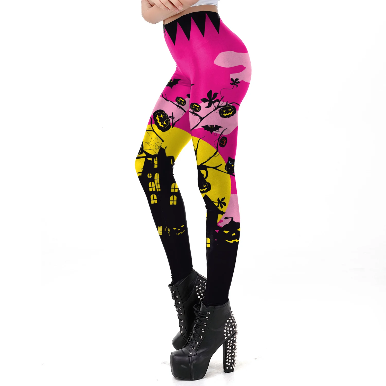 Mallas de Halloween para mujer, pantalones con estampado Digital 3D de calabaza, casa de bruja rosa, disfraz de Cosplay, Leggings casuales ajustados de cintura alta