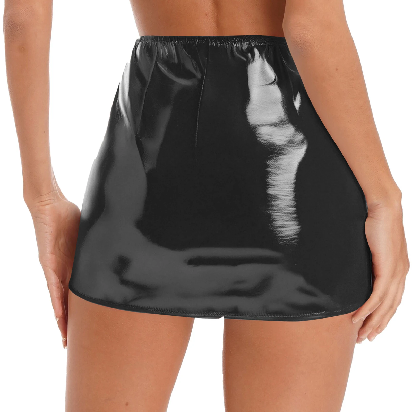

Women Glossy Latex PU Leather Bodycon Skirts Wet Look Rave Party Side Sheer Mesh Front Zipper Mini Skirts for Carnivals Clubwear