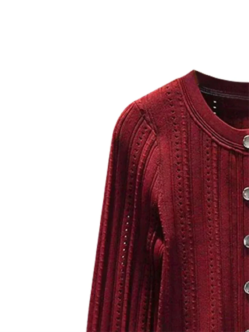 2024 Early Autumn Women Wine Red Threaded Knit Cardigan or Skirt Set O-Neck Long Sleeve Ladies Single Breasted Slim Knit Sweater