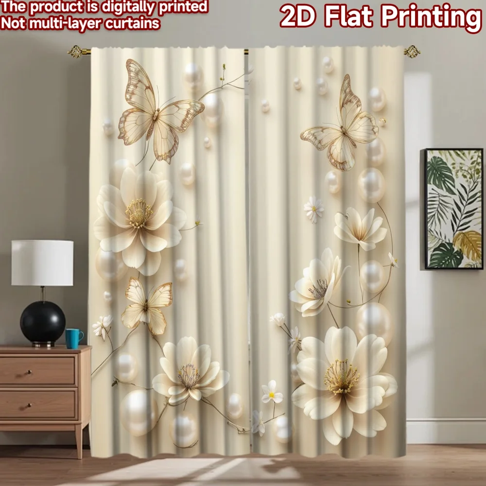 2D flat 2pcs Curtain Home Short Curtains Wedding Pearl Butterfly Flowers Durable polyester fiber Party & Holiday Decor Perfect