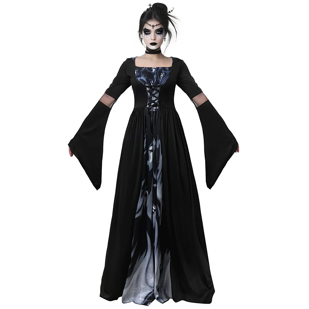 Halloween Witch Costume with Hooded Skull-Witch-Mage Cosplay Stage Performance Attire view 2