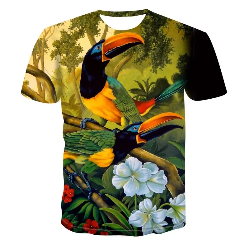 Beautiful Parrot Print Summer Short Sleeve Shirt Men's Children's T-shirt Fashion 3d Bird Pattern