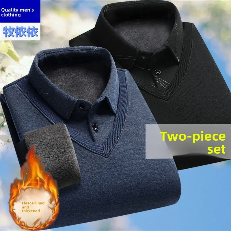 

Men's Faux Two-Piece Thiened Fce Long Sve Knitted Sweater Boting irt Casual Sle V-Ne Polyester Fiber