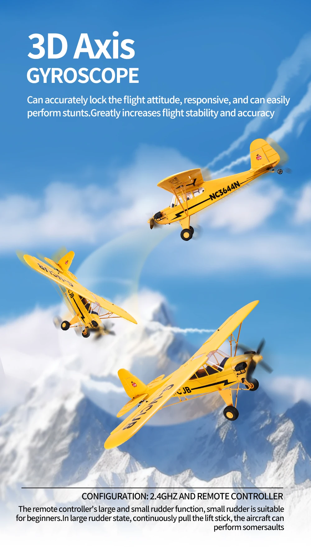 New J3-CUB RC Airplane 5CH 2.4G Remote Control Mode1 (Right Hand Throttle) 3D/6G 1406 Brushless Motor Outdoor Foam Fiexd Plane