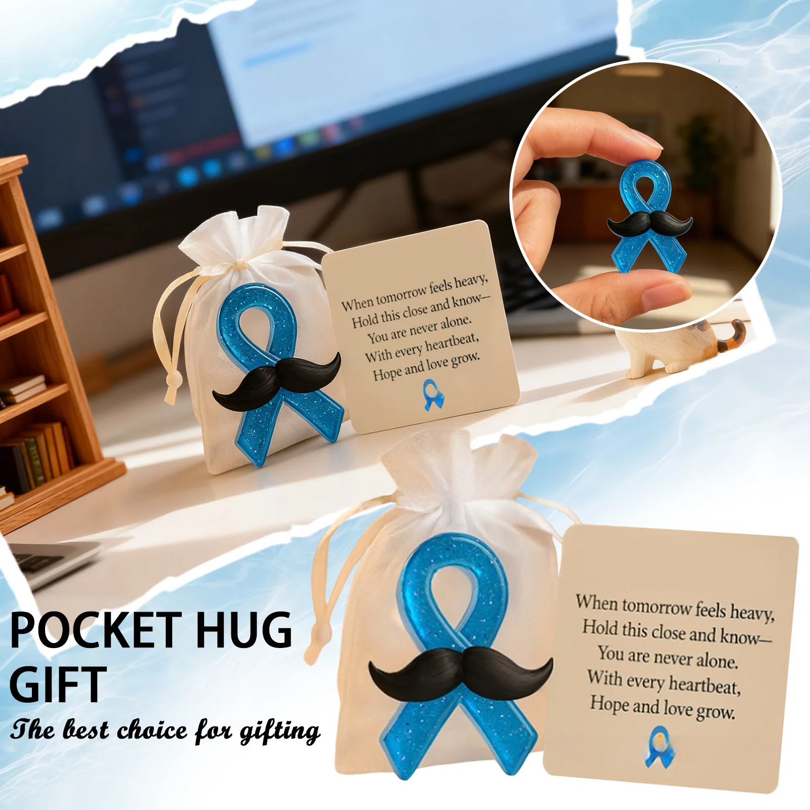 عناق جيب الشريط الأزرق، جيب مباركة مع بطاقة رسالة مباركة، هدية تذكارية ساحرة ملهمة للأصدقاء