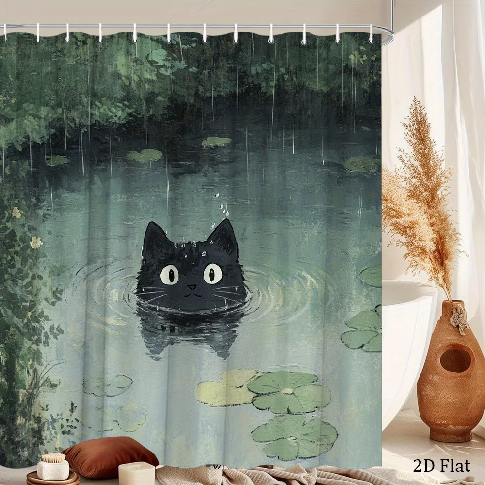 1pc a Shower Curtain Featuring an Adorable Black Cat Swimming in a Tranquil Pond Surrounded by Lily Pads And Soft, Rain-Drenched