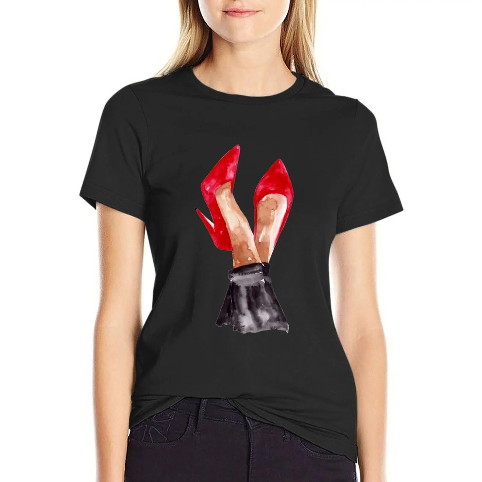 

Red Stiletto Shoes Watercolor Illustration T-Shirt kawaii clothes vintage t-shirts for Women cotton