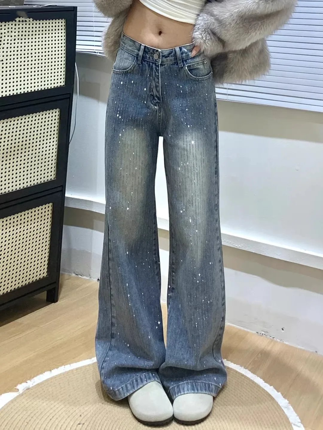 

Ретро-синие джинсы с широкими штанинами для женщин, весенняя новинка, свободные, струящиеся, с блестящими вставками, с высокой талией, прямые джинсы