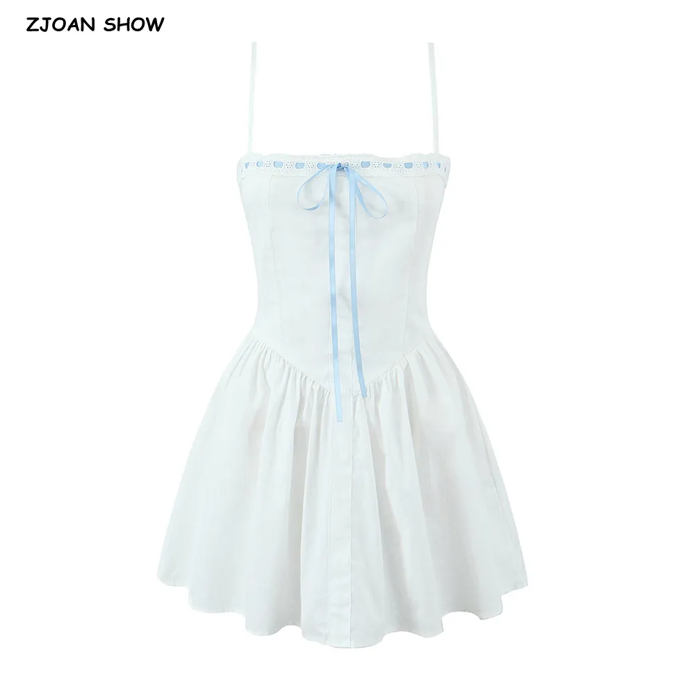 

2025 White Contrast Color Ribbon Bow Slash Collar Mini Sling Dress Women Cross Lacing Up Back Low Waist Swing A line Dresses