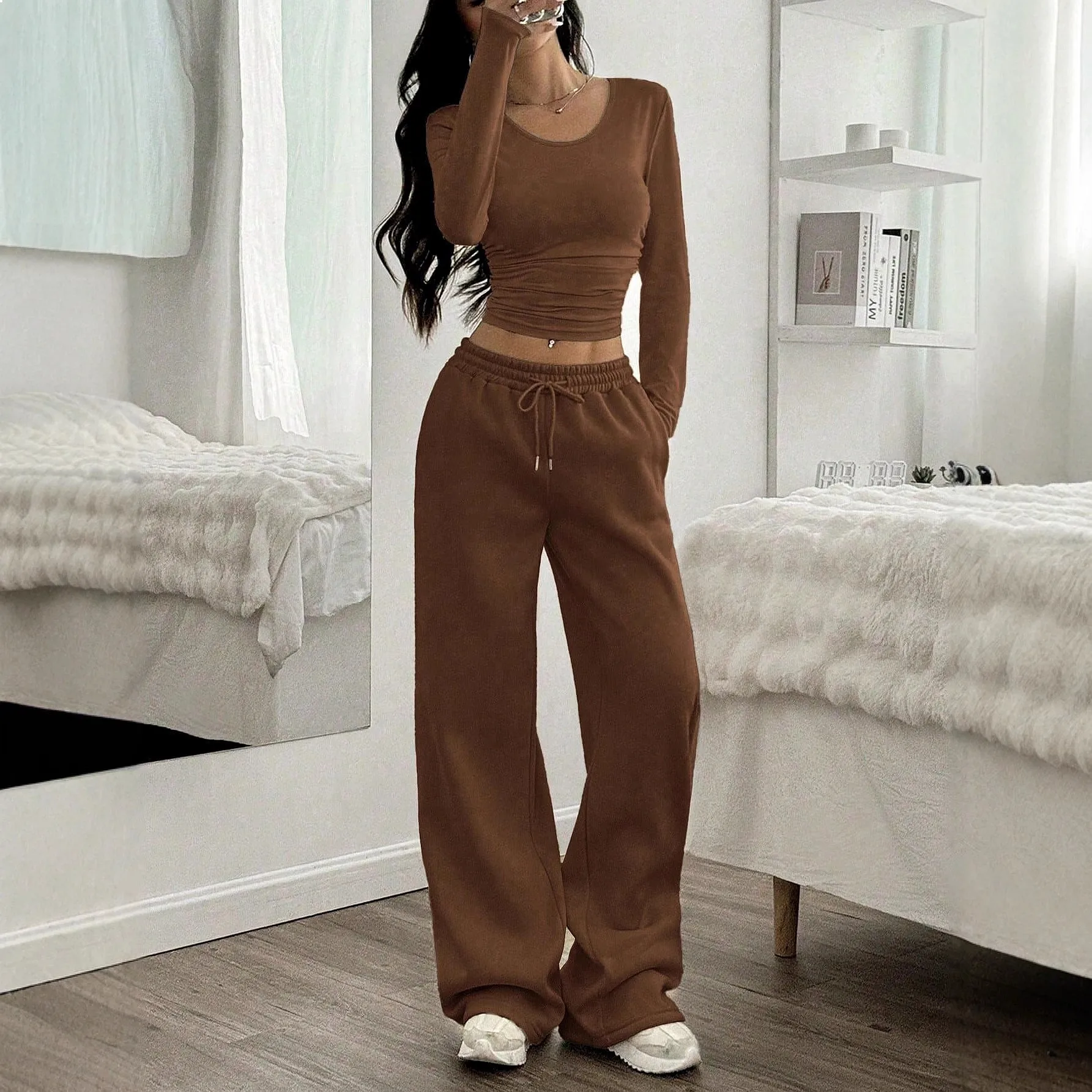 Women's Fashion Lounge Two Piece Set Long Sleeve Round Neck Solid Color Tracksuit Jumpsuit Playsuit
