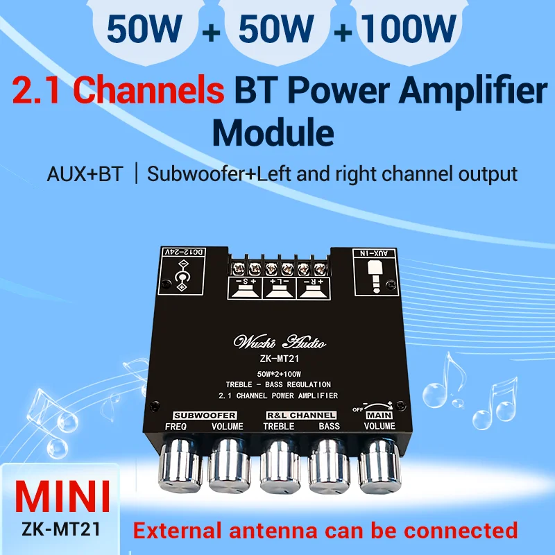 12V 24V Subwoofer ZK-MT21 Digital Power Amplifier Board 2x50W+100W 2.1 Channel AUX Audio Stereo Bluetooth 5.0 Bass Amplifier