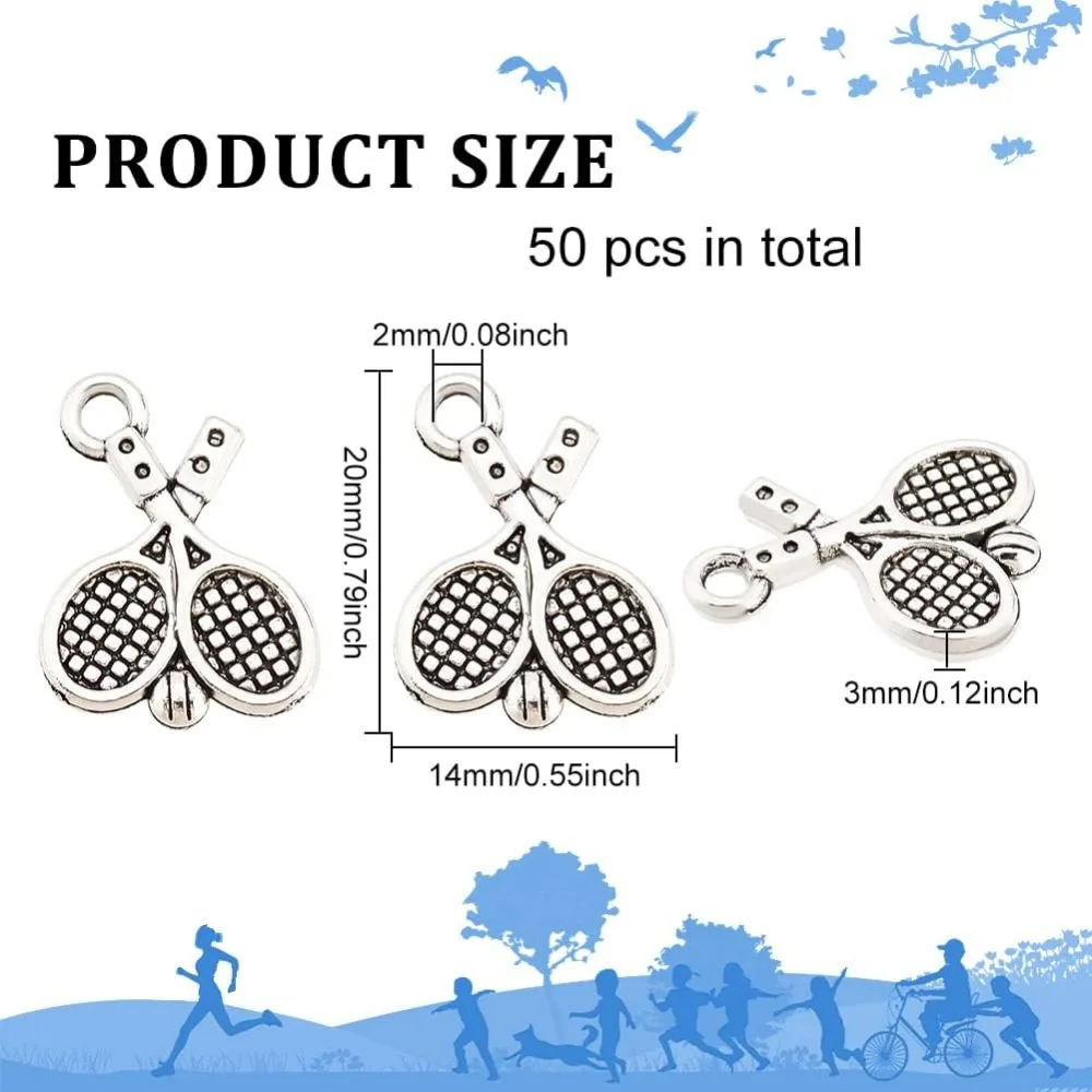 50Pcs Tennis Racket Charms Alloy Charms Antique Silver Tennis Racquet Charm Sports Theme Charm for Jewelry Craft Making