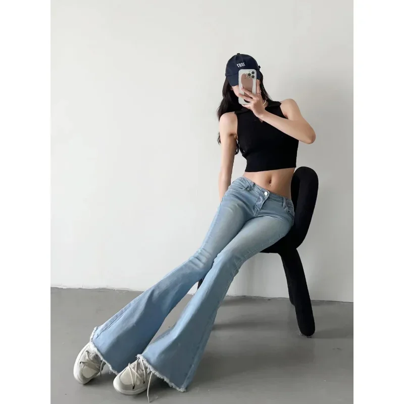 

Women Jeans Low Waist Flared Sexy Pants American Clothing Bottoms Summer Hottie Show Long Legs Slim Fit Raw Edge Trousers Zipper