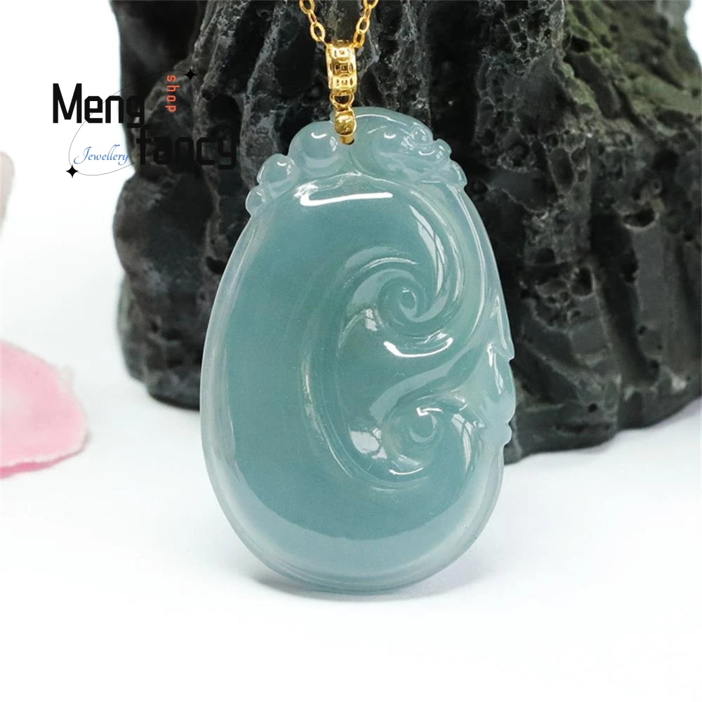 18K Gold Buttoned Head Natural Jadeite Exquisite Elegant Simple High-grade Pendant Blue Water Ruyi Jade Luxury Fashion Jewelry