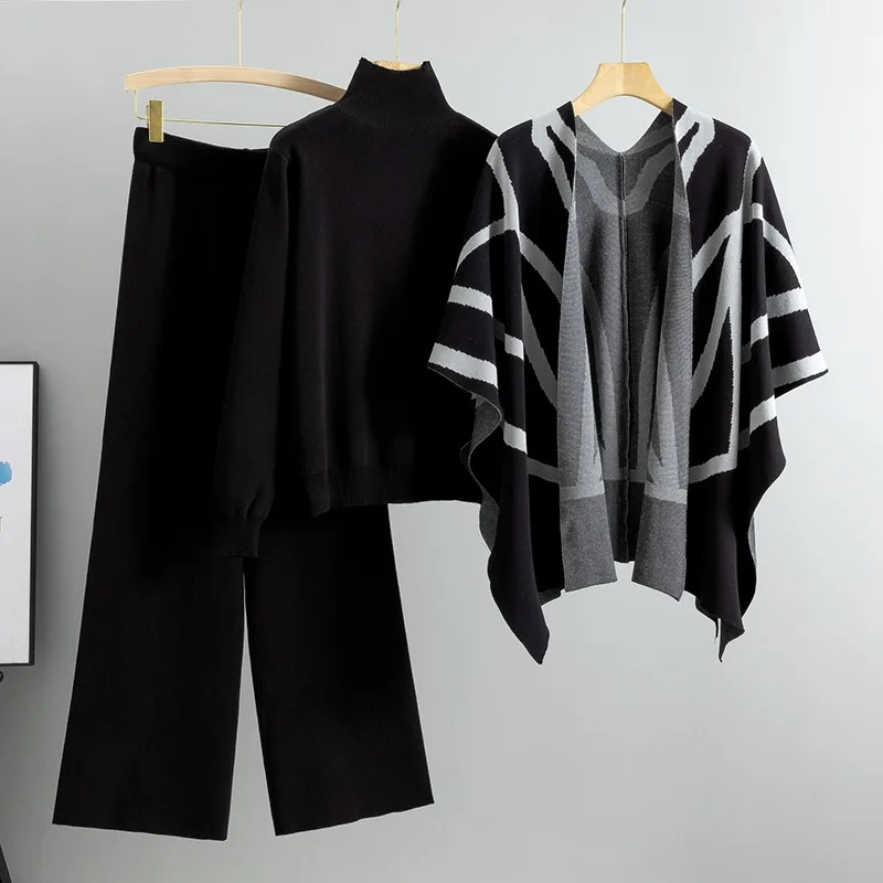 Autumn 2024 Women Knit 3 Pieces Sets Casual Knitted O Neck Sweater Tops And Shawl High Waist Wide Leg Pants Outfit