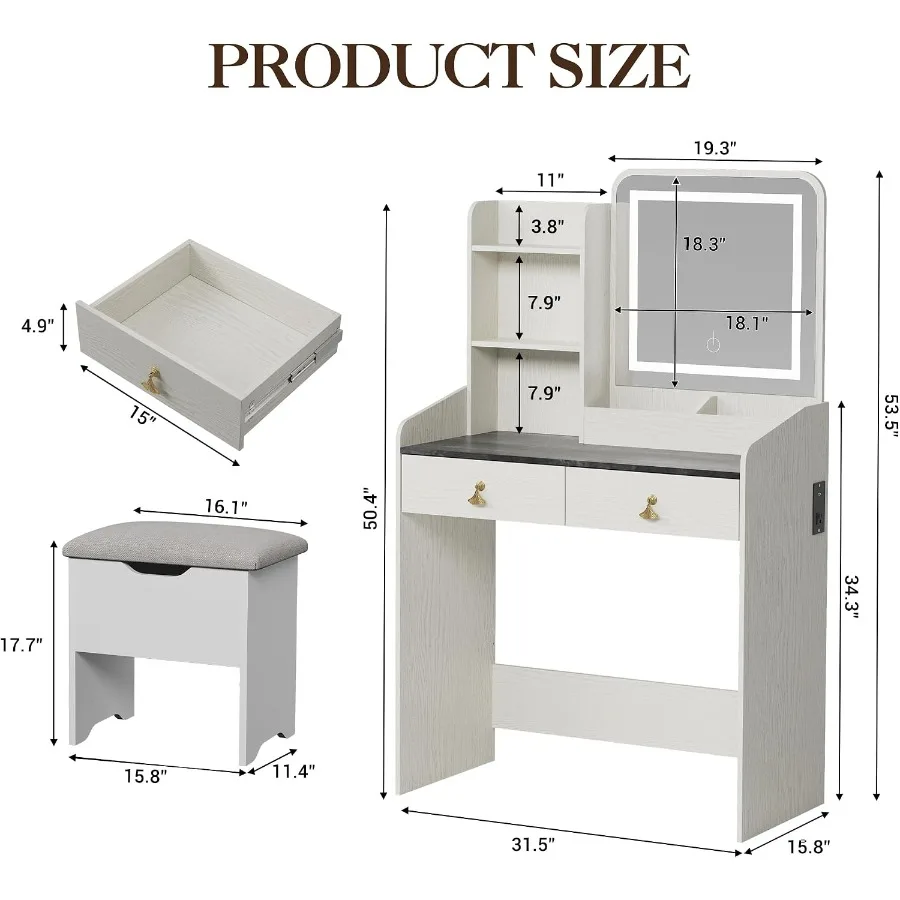 Vanity Desk with LED-Lit Mirror and Charging Station