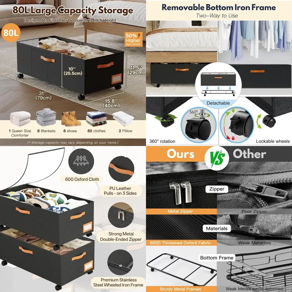 

Large 80L Rolling Under Bed Storage Bin with Clear Lid for Blankets, Shoes, and Toys