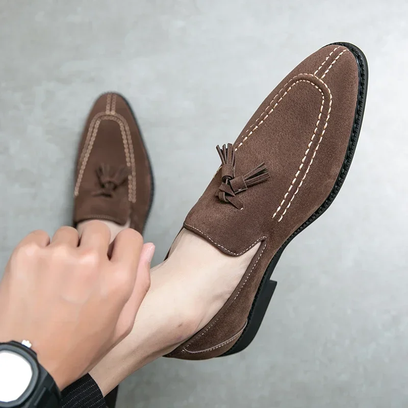 Men's Loafers Brand Suede Leather Shoes Vintage Slip-on Classic Casual Men Driving Shoes Wedding Male Dress Shoes Tassel Pointed image 5