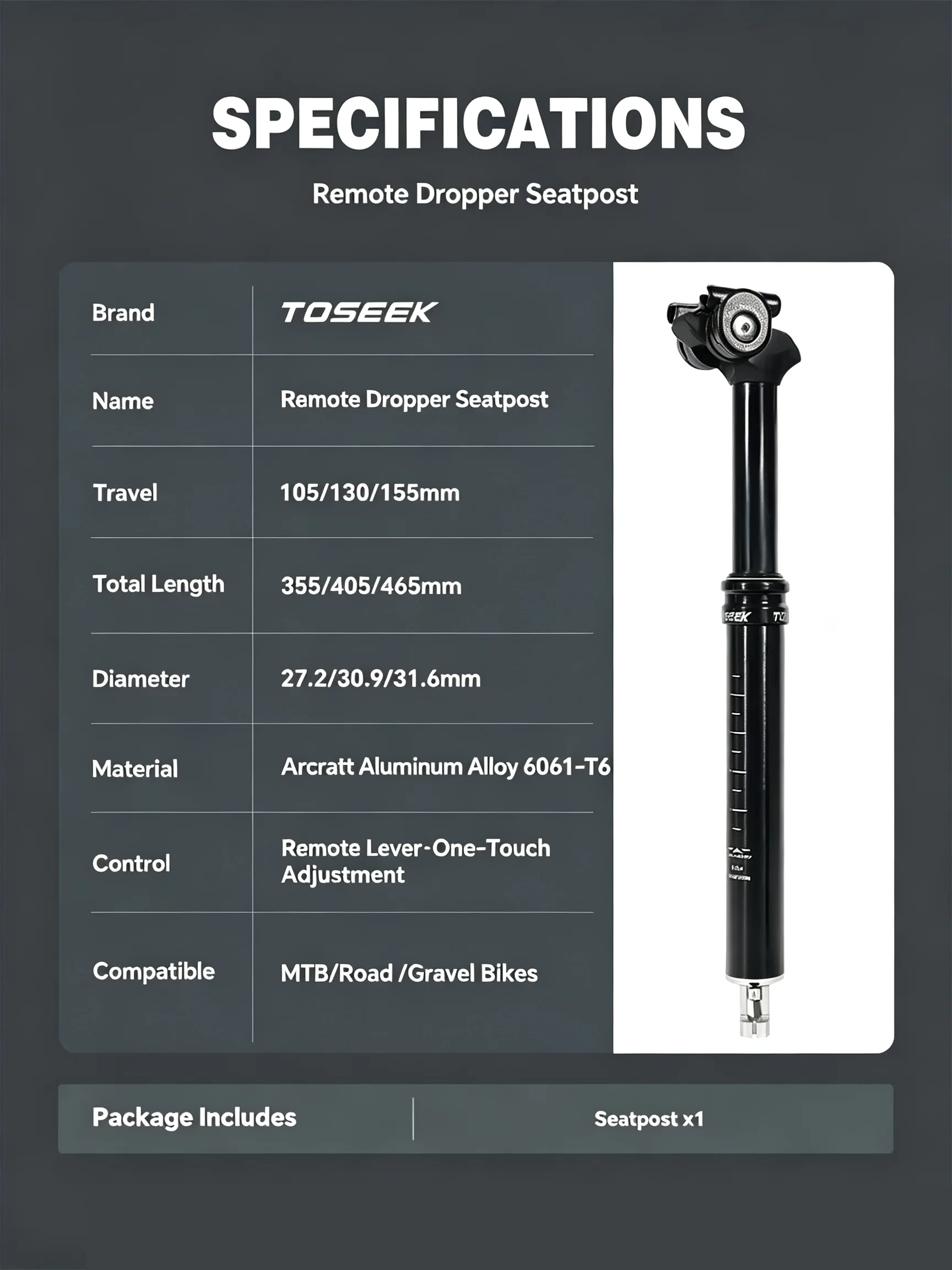 TOSEEK Fahrrad-Sattelstütze 27,2/30,9/31,6mm 105/130/155mm Federweg, interne Kabelführung, Fernbedienung, Hebe-MTB-Sattelstütze – Detail 2