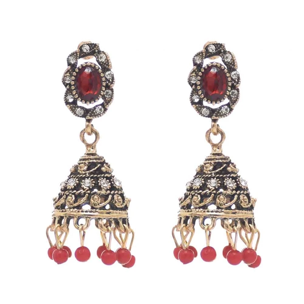 Red Crystal Bell Tassel Indian Jhumka Drop Earrings For Women Vintage Bridal Wedding Accessories Afghan Turkish Thailand Jewelry