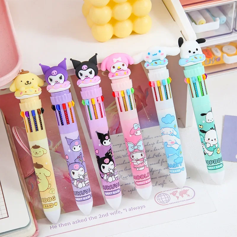 Sanrio Cartoon Balpen 3 stks Kuromi Hello Kitty Cinnamoroll 10 Kleur 0.7 School Student Briefpapier Tekenen Wrirte Mark Pen