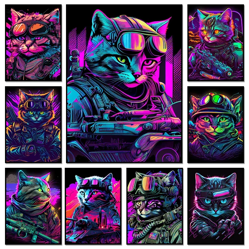 Pintura de Diamantes Neon El Gato Pequeño con Pistola, Pósters, Arte Clásico de Pared, Pintura de Diamantes y Estampados para Sala de Estar, Decoración del Hogar