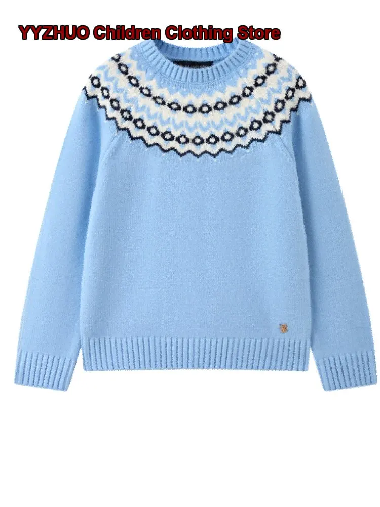 Girls Fair Isle Jacquard Knit Top Eland Kids Autumn Winter Pure Cotton Round Neck