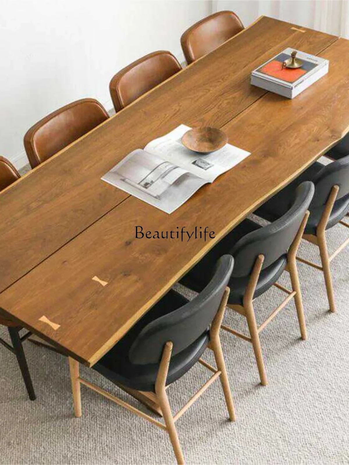 Solid wood ash wood double cast iron desk small household rectangular dining table