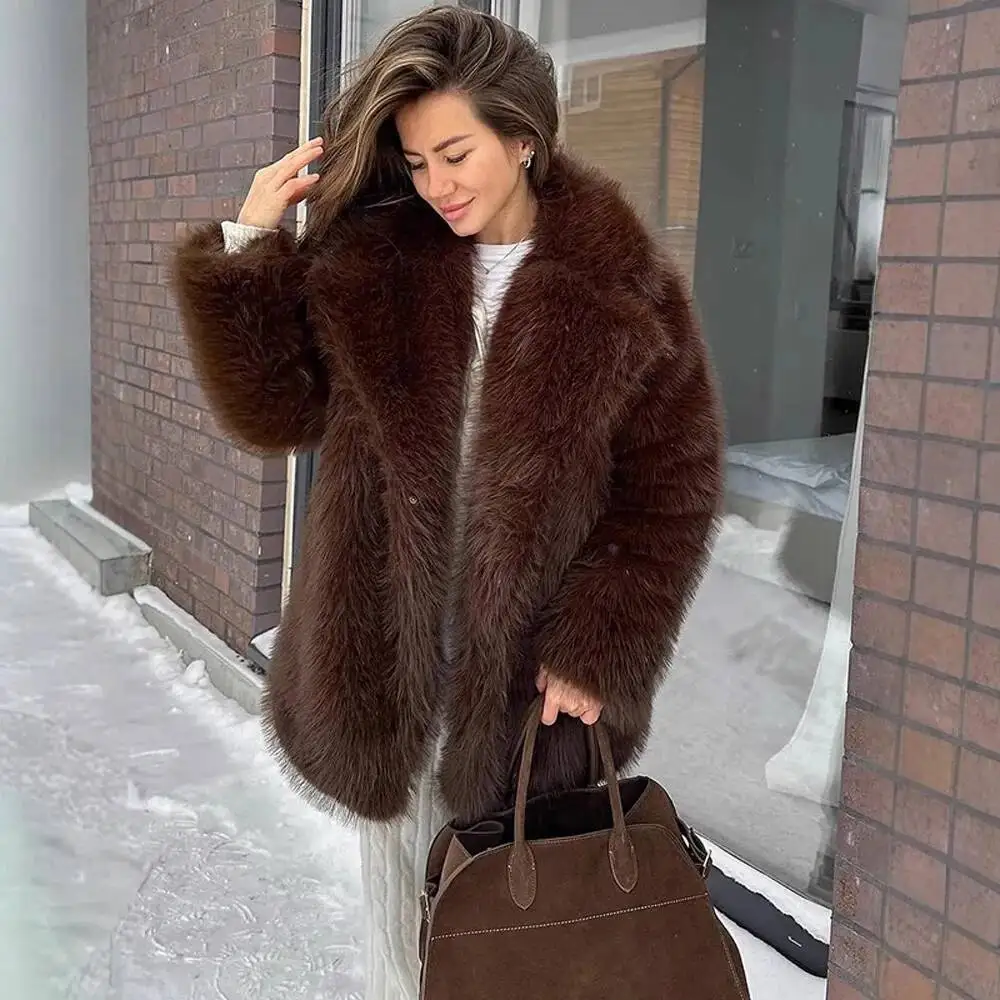 Warme herfst winter dame bontjas bruine nepbontjas pak kraag veelzijdige pluche jas voor dames