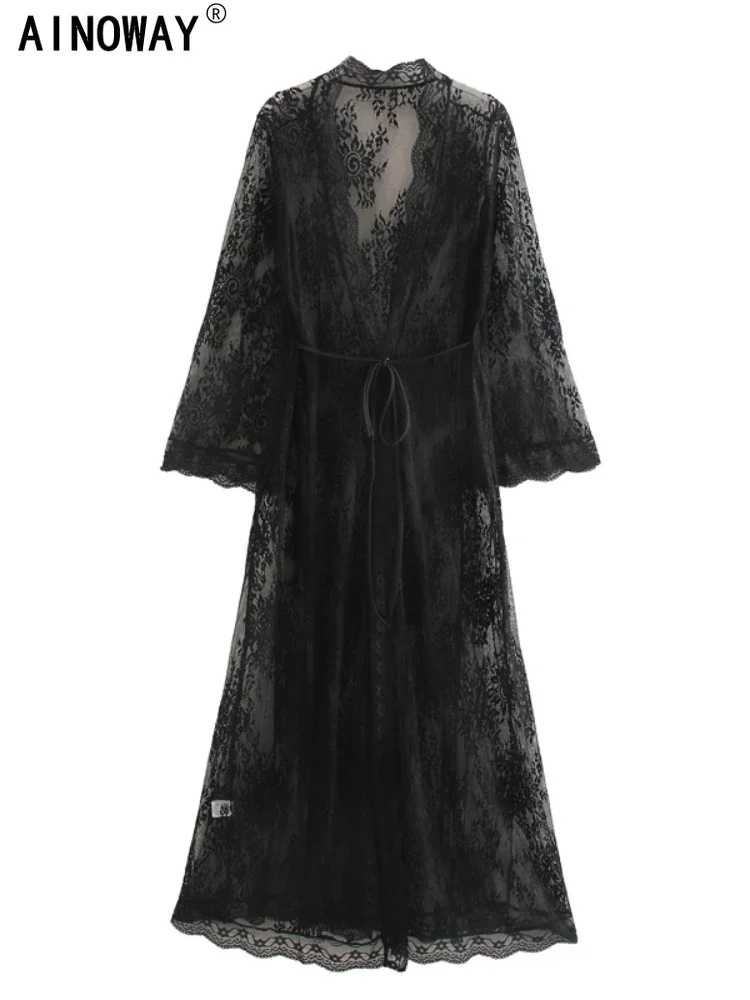 Vintage Chic Women Bat Sleeve Loose Beach Floor Length Bohemian Kimono Dress Ladies V Neck Sashes Lace Summer Boho Robe