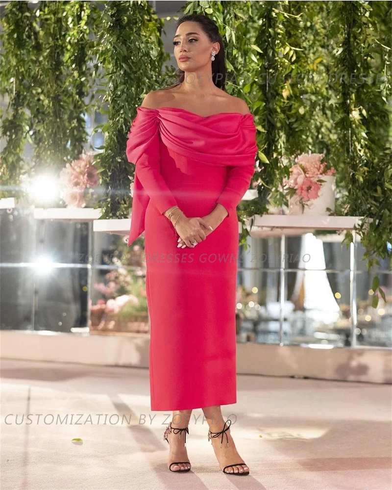 Hot Pink Satin Custom Size Prom Dress Off Shoulder Strapless Short Evening Dresses Formal Party Dress Full Sleeves فستان سهرة