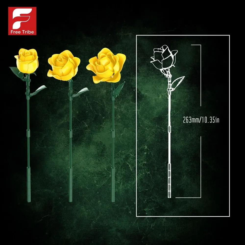 585 個イエローローズビルディングブロックフラワーブーケモデルレンガデスクトップ装飾大人のロマンチックなホリデーギフト子供 DIY おもちゃ