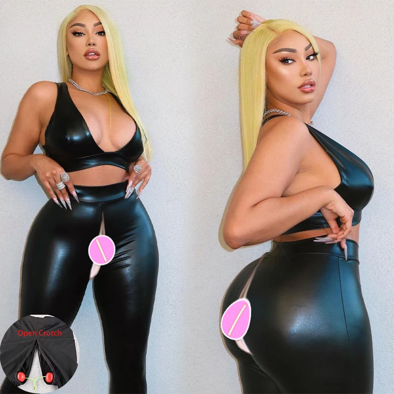 Outdoor Sex Open Crotch PU Trousers Women Leather Pants Sexy Exotic Hotpants Peach Hip Push Leggings Club V-neck Tank Top Set
