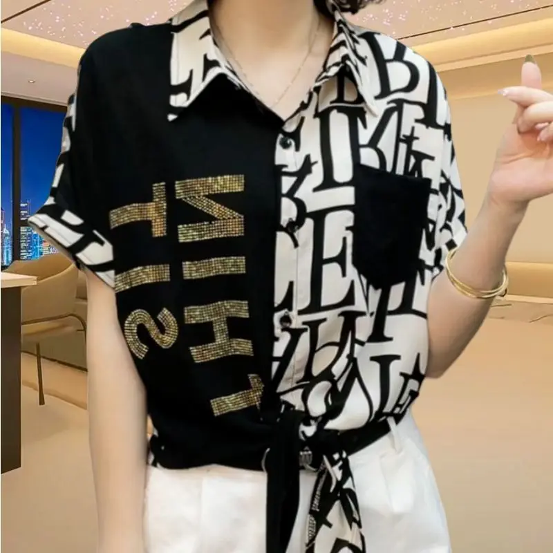 Office Lady Letter Printed Spliced Blouse Summer Single-breasted Female Clothing Casual Pockets Bandage Fashion Diamonds Shirt