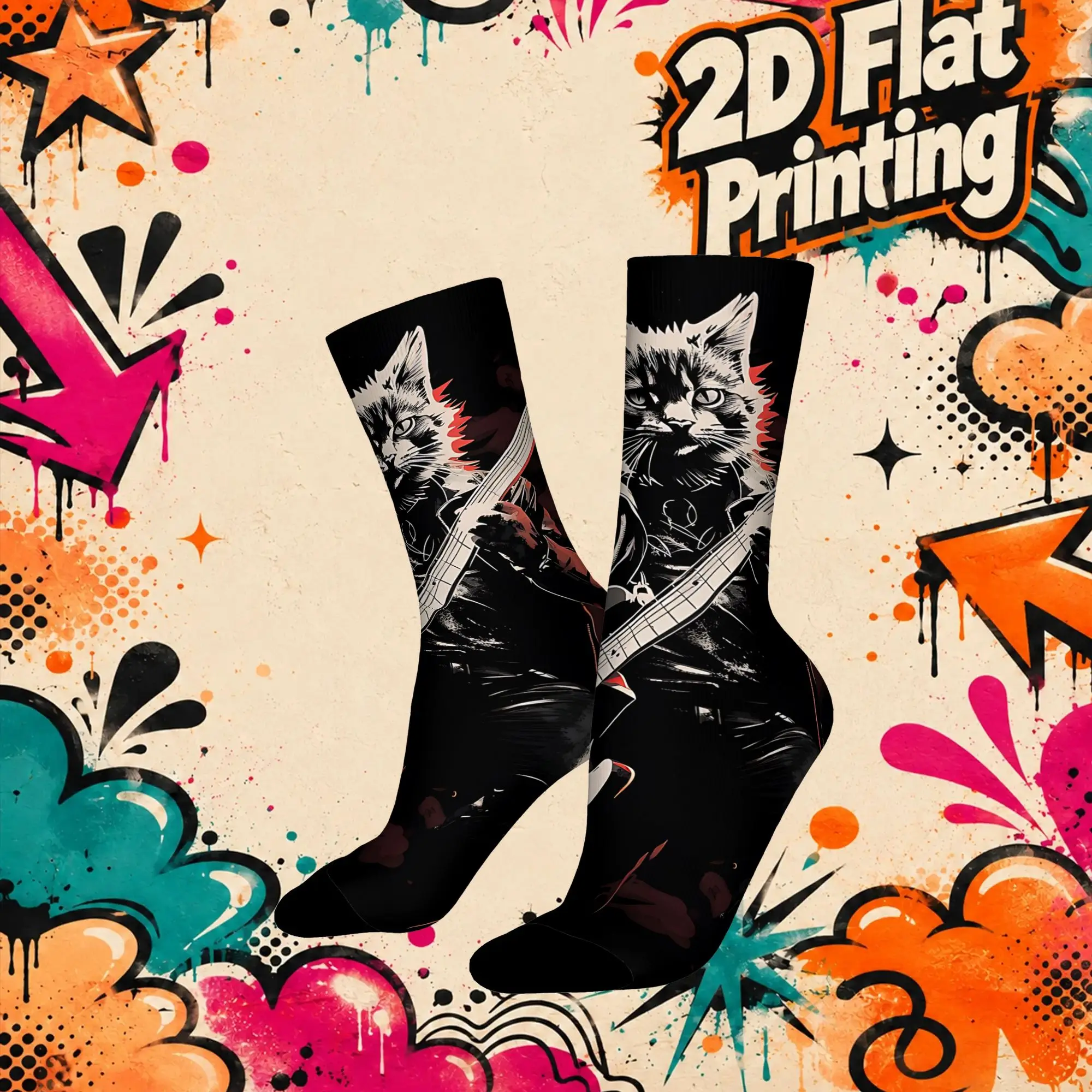 Punk Cat Guitar Print Funny Men's compression Socks Unisex items Crew Sock Cycling socks