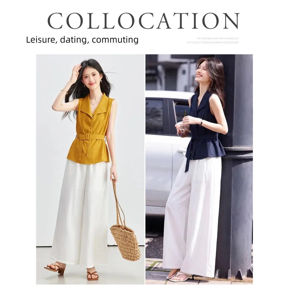 VIMLY Women Summer Commuter Suit 2026 New Sleeveless Shirt White Nine-point Wide-leg Pants 2 Piece Set Office Lady 31016 - view 4