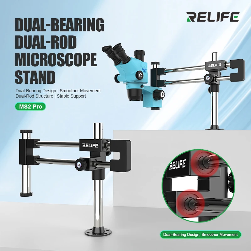 RELIFE MS2 Pro Dual-Bearing Dual-Rod Microscope Stand 360° Rotation Compatible with most Microscope Kits on the Market.