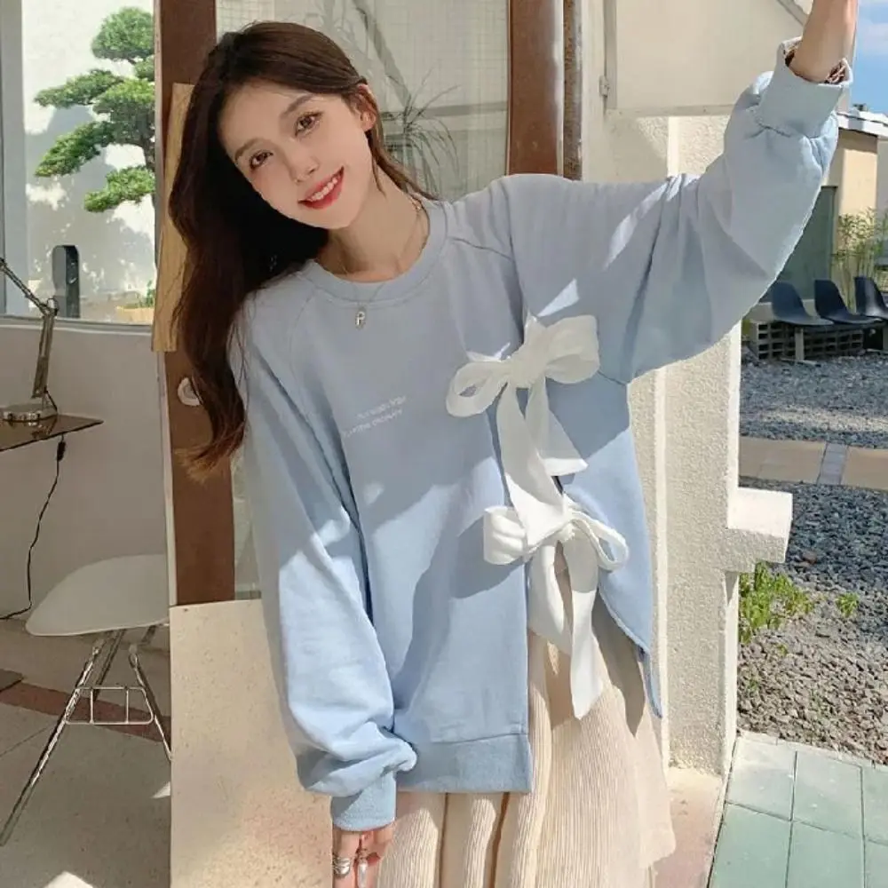 

Letter Printed Bowtie Long Sleeve Shirt Round Neck Irregular Sweety Bowknot Tops All-match Loose Women's Hoodless Sweatshirt