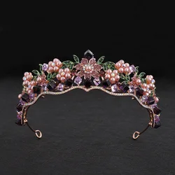 Baroque Purple Crystal Wedding Crown for Women Rhinestone Pearls Tiaras and Crowns Queen Bride Headdress Girls Hair Jewelry