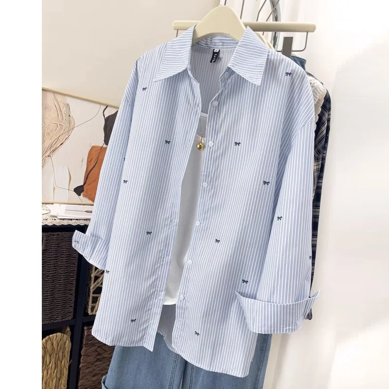 

New Classic Blue Stripe Shirts Harajuku Streetwear Spring Summer Long Sleeve Women Vintage Blouse Sunscreen Retro Oversize Shirt