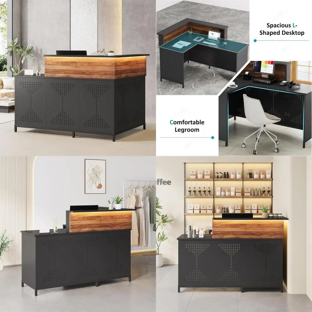 LED-Illuminated L-Shaped Reception Desk, 60 Modern Front Desk for Office, Lobby, Cafe, and Beauty Salon