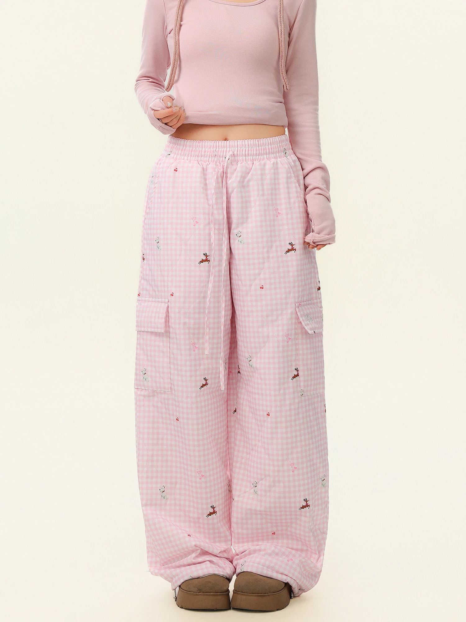 

Женские повседневные брюки Laid-ba в клетку с широкими штанинами, с рисунком оленя, на шнурке, рабочие, хлопковые, зимние, теплые, свободные, прямые