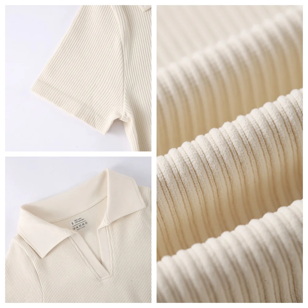 เซ็กซี่ซี่โครงถักมินิเดรสแขนสั้น V คอ CollarSummer ชุด Bodycon Boho ชุดไม่มีรอยต่อ Great ยืด