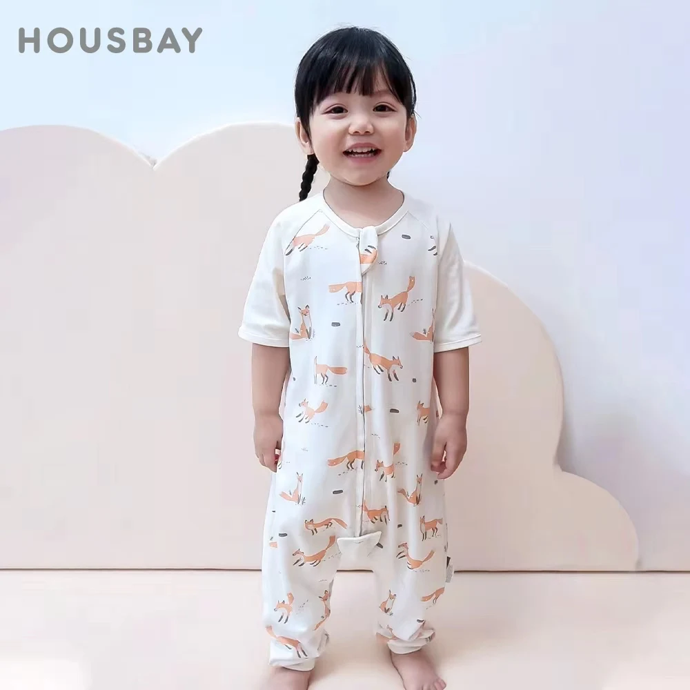 كيس نوم من القطن الخالص بأكمام قصيرة وساق مقسمة طبقة واحدة للطفل قابل للتنفس ومضاد للركل وحركة مجانية وبئر #1