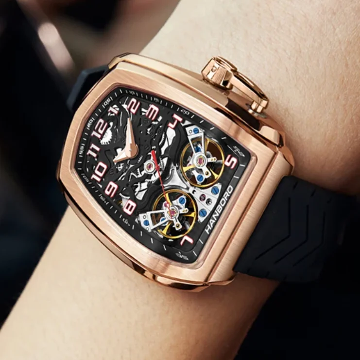 

HANBORO Men Automatic Watch 44mm Mechanical Wristwatch Luminous Waterproof Skeleton Dial Dual Flywheel Butterfly Clasp