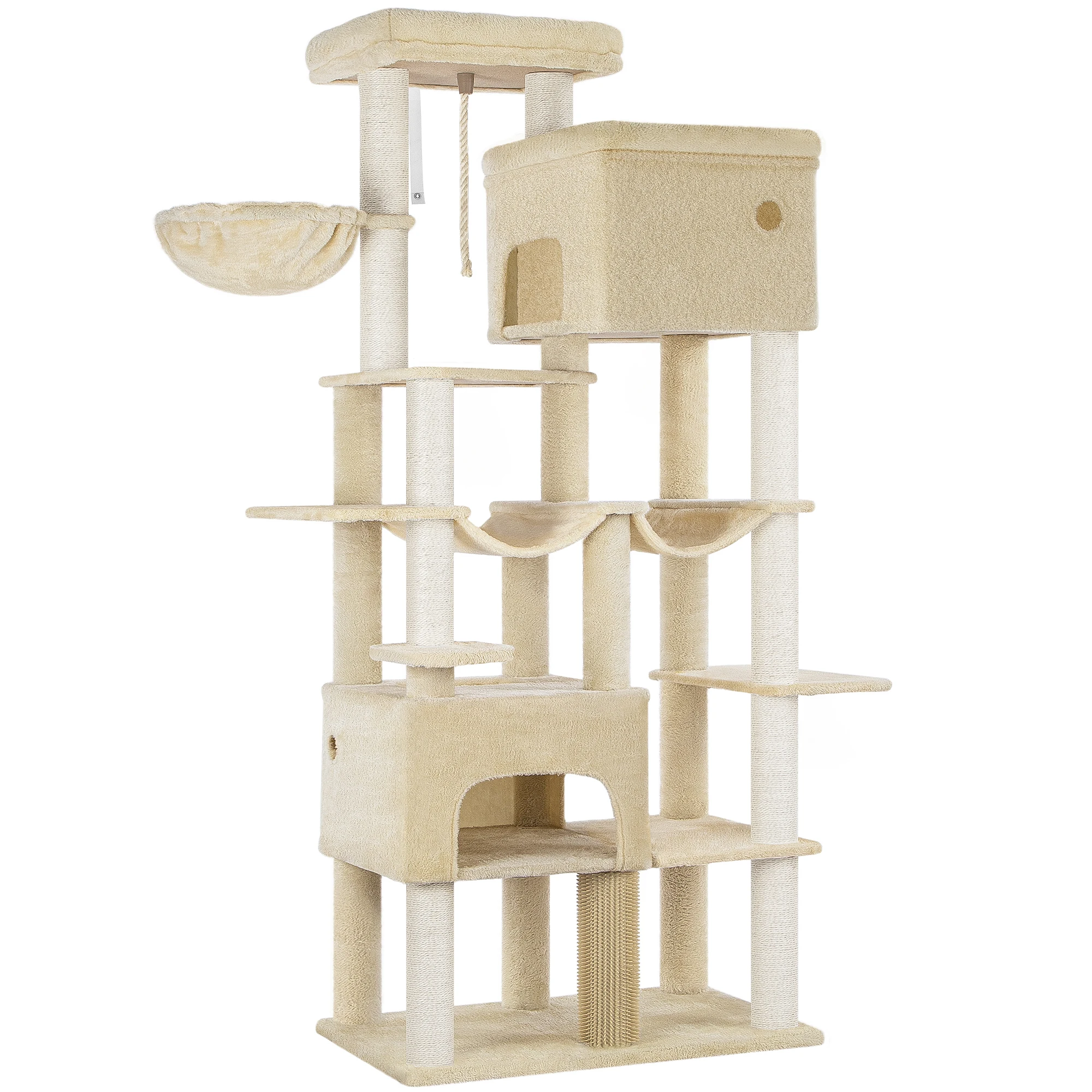 200cm XXL kattenboom met 10 krabpalen, 2 holletjes, 2 hangmatten, groot platform, mand, voor Maine Coons, grote katten, beige