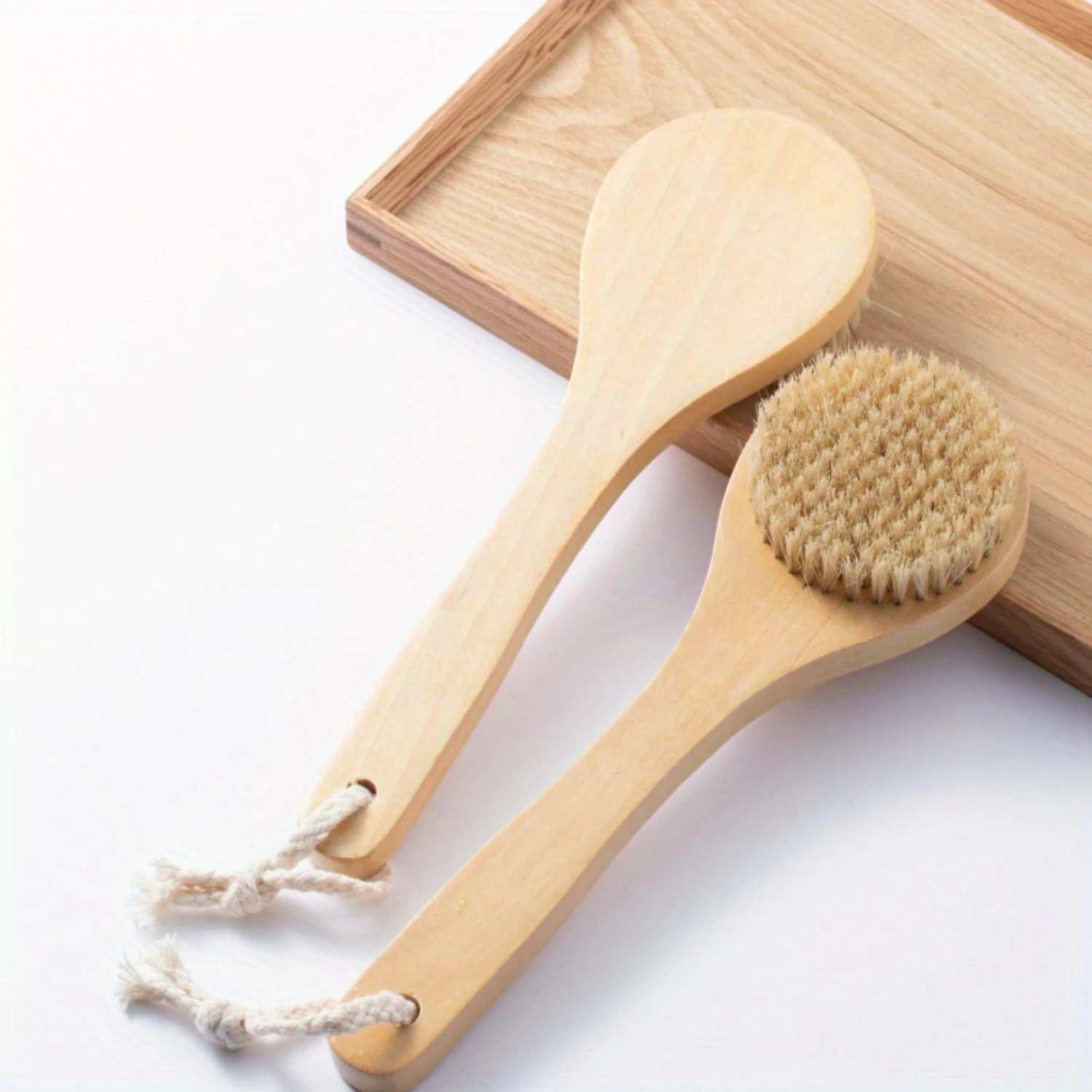 Natural Bristle Wooden Bath Body Brush for Shower, Long Handle Back Scrubber, Soft Exfoliating Brush for Men & Women, Bathroom S