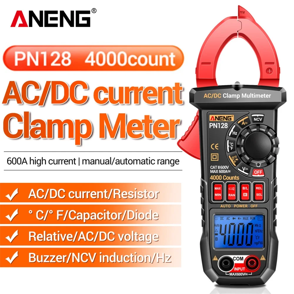 ANENG PN128 Clamp Meter 4000 Count 600A AC/DC Current Voltage Meter NCV True RMS Smart Digital Multimeter Voltmeter Ammeter