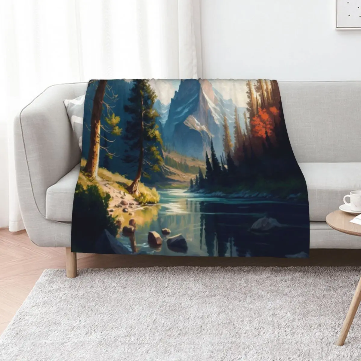A beautiful landscape of majestic mountains, a sparkling river, and lush trees basking in the bright morning sun Throw Blanket